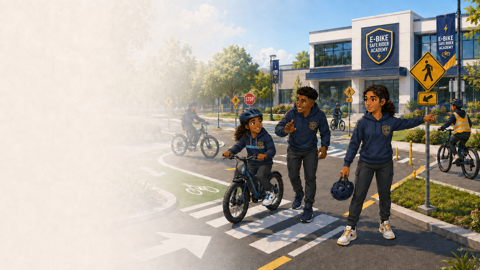 E-Bike Safe Rider Academy mentors and young riders in helmets at the Academy training campus.