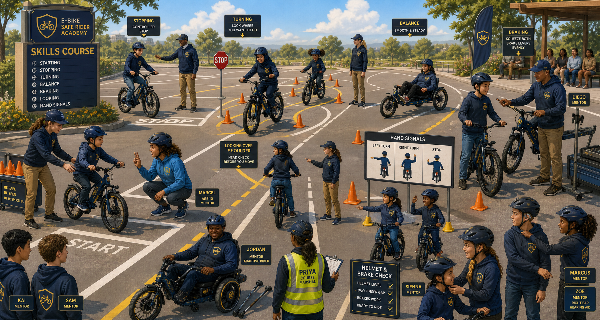 Young riders practicing controlled riding drills on the Academy skills course.