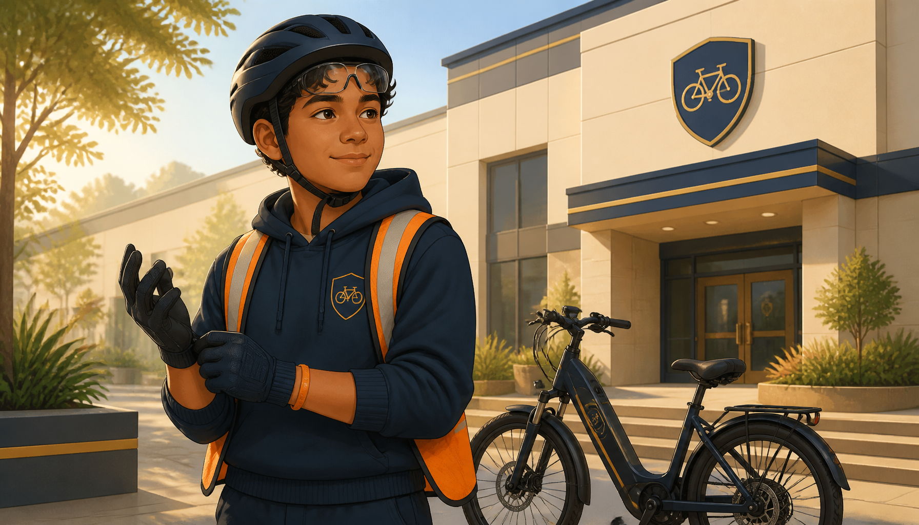 Academy mentor Diego fitting a helmet and protective gear before a ride.